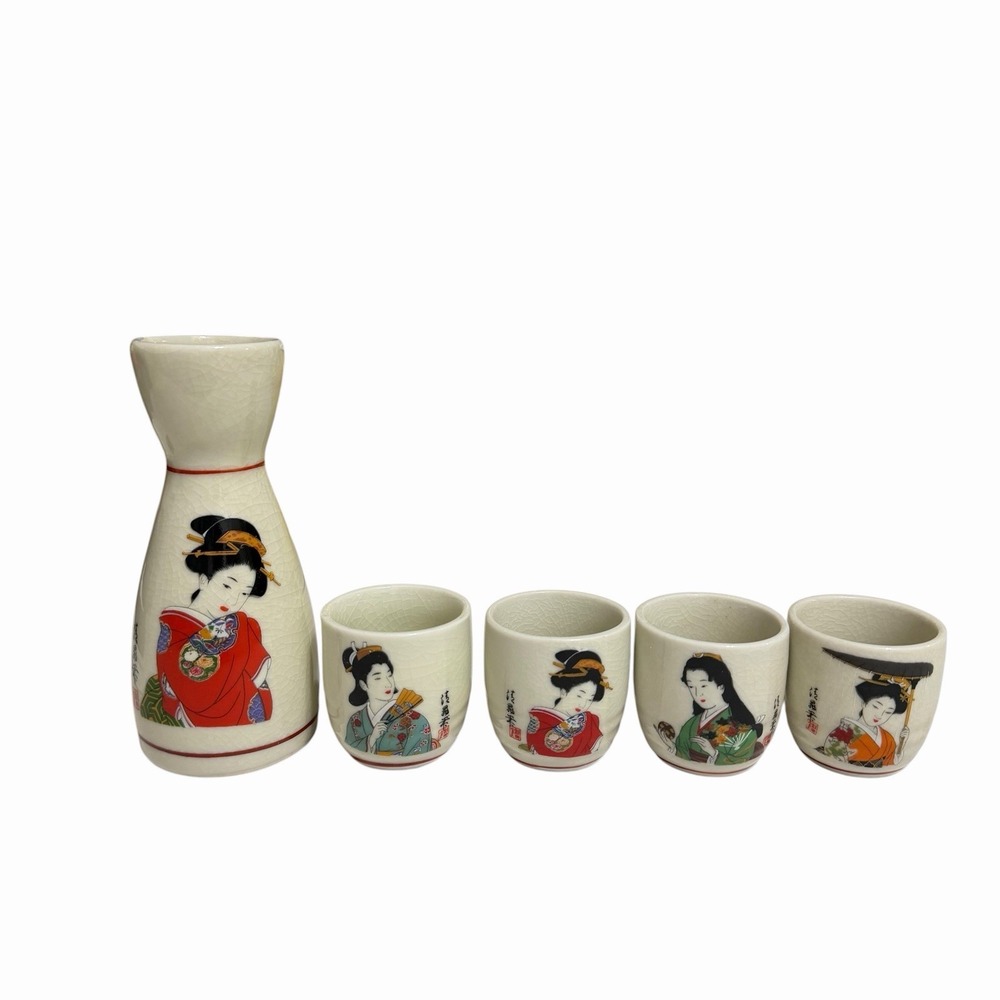 Vintage Japanese Sake Set Geisha Crackle Glaze Tokkuri 4 Cups Japan